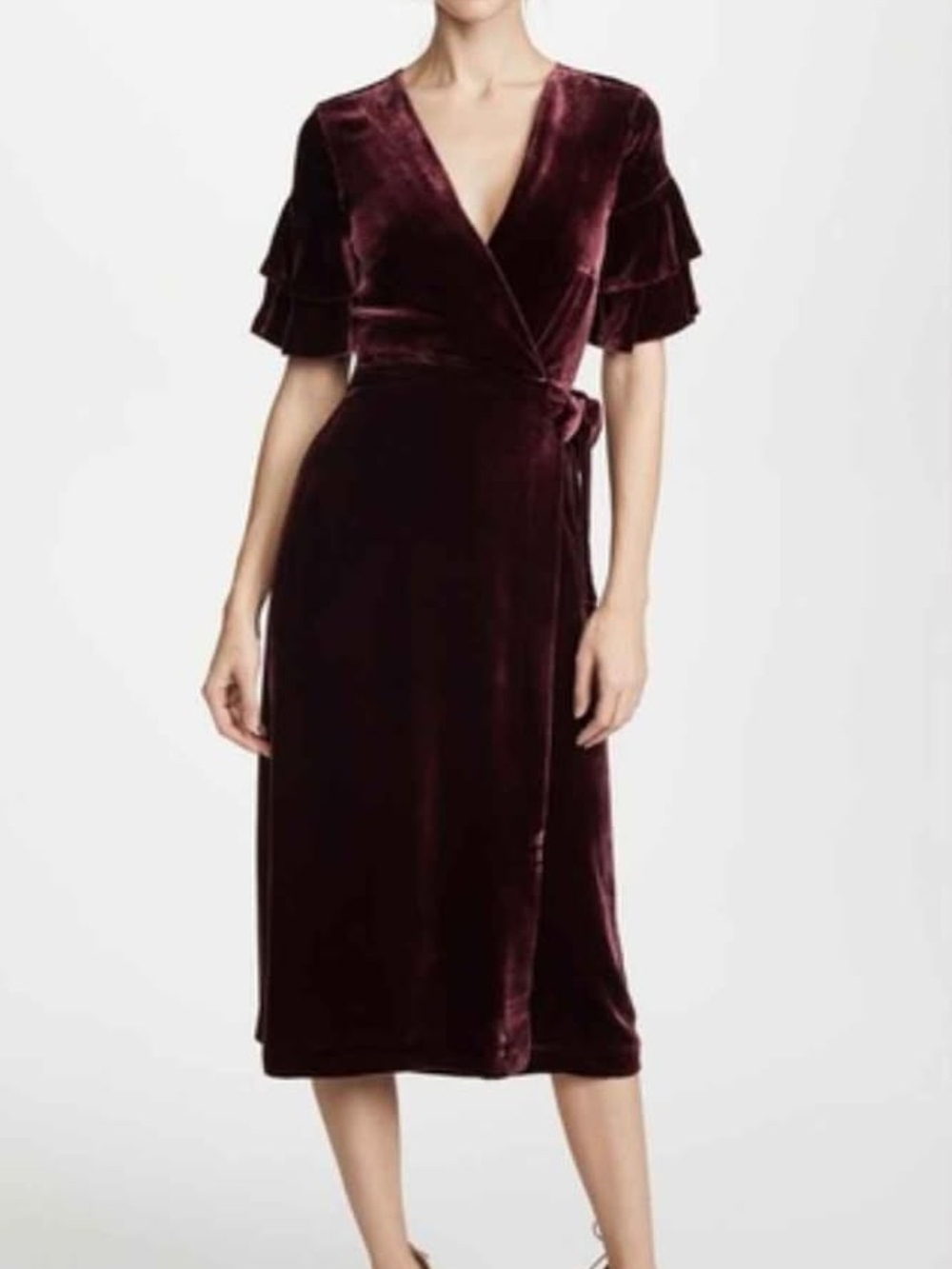 Club Monaco Velvet Wrap Midi Dress With Ruffle Sleeves Size 2
